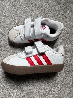 adidas Kids White Sneakers with Pink Stripes - Hook & Loop Closure
